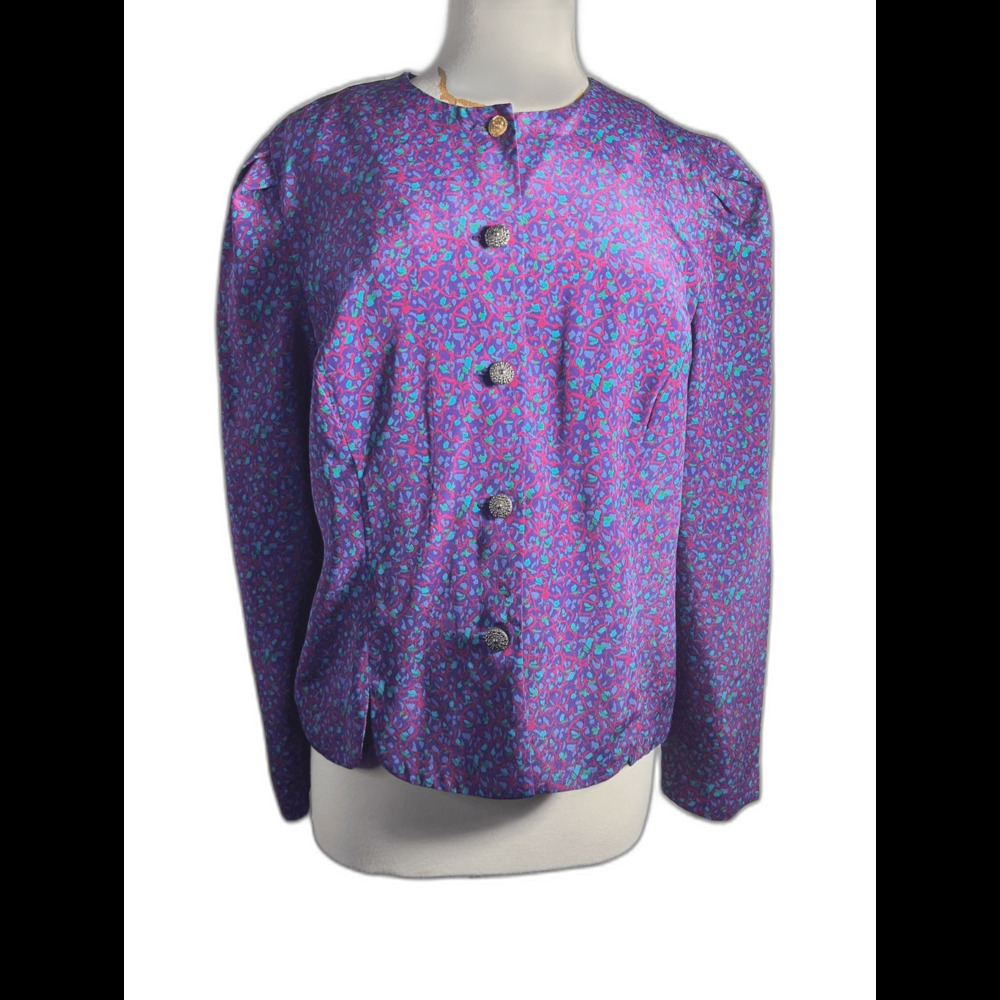 Leslie Fay Blouse Size 16 VTG 80's Purple Teal Whimsical Grandmacore